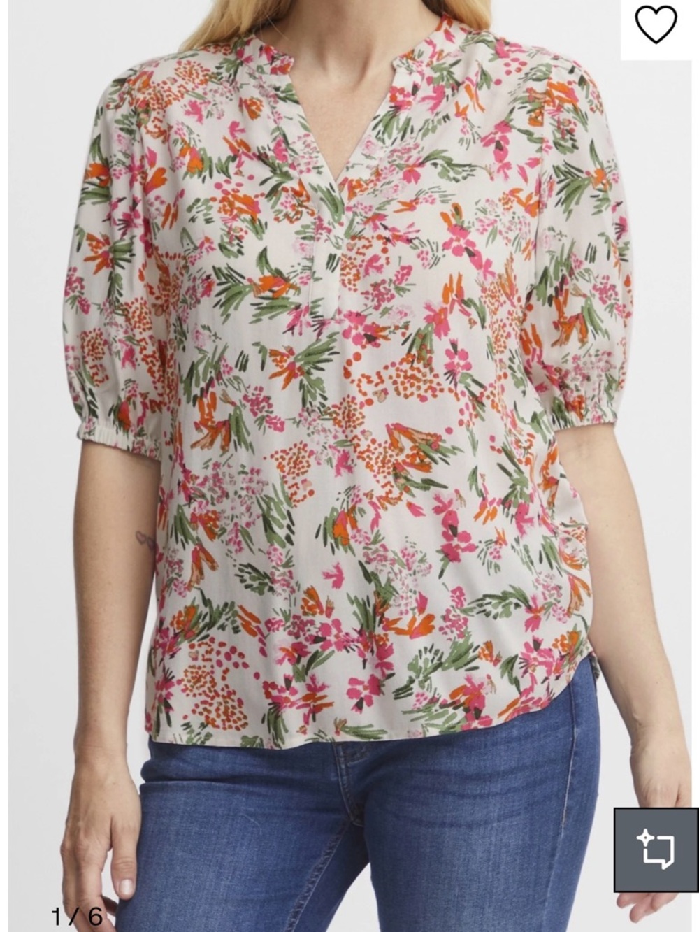 Fransa Split V-Neck Floral Blouse in Cream with Pink & Orange